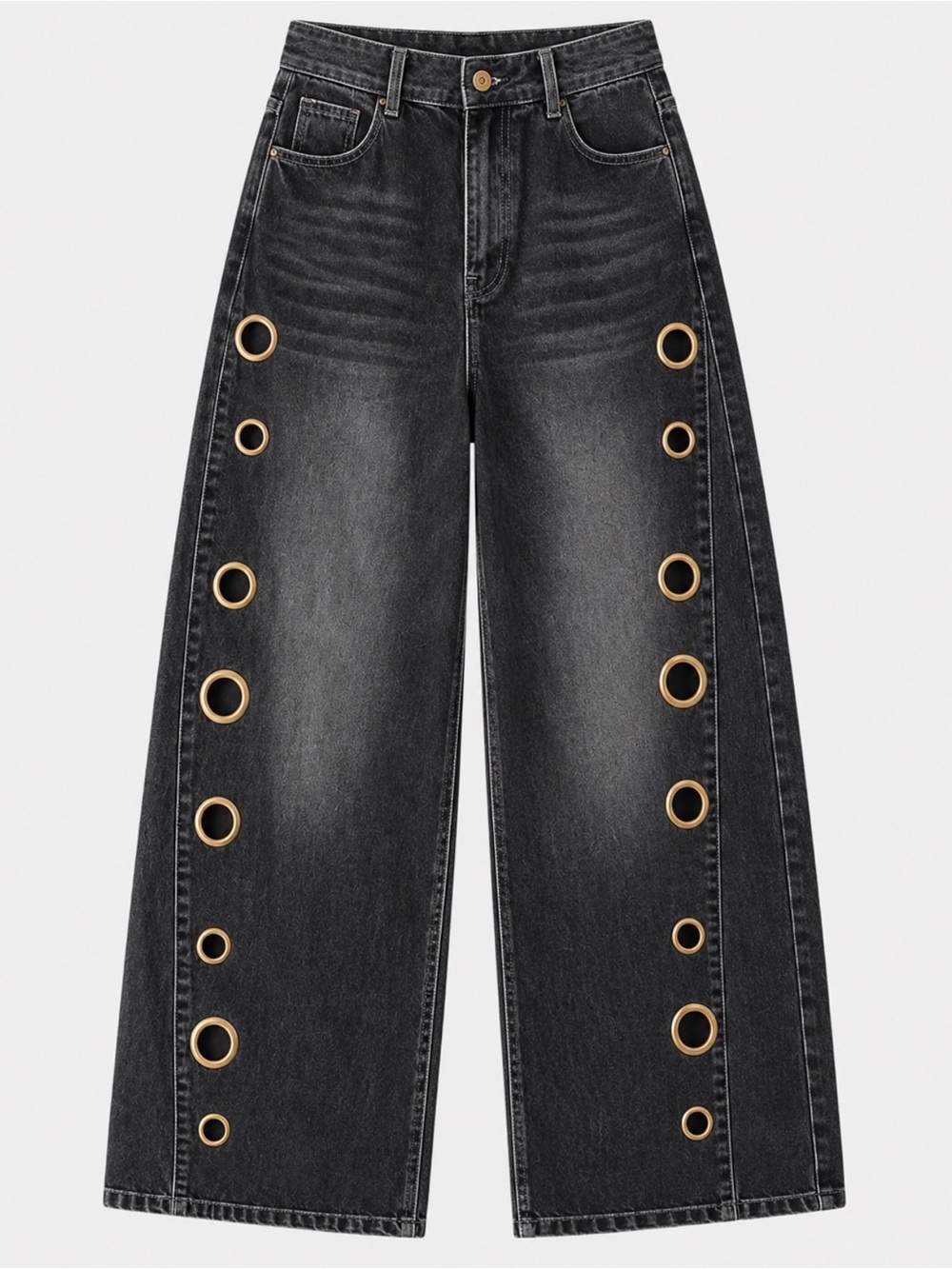 Wide Leg Black Jeans with Gold Eyelet Details
